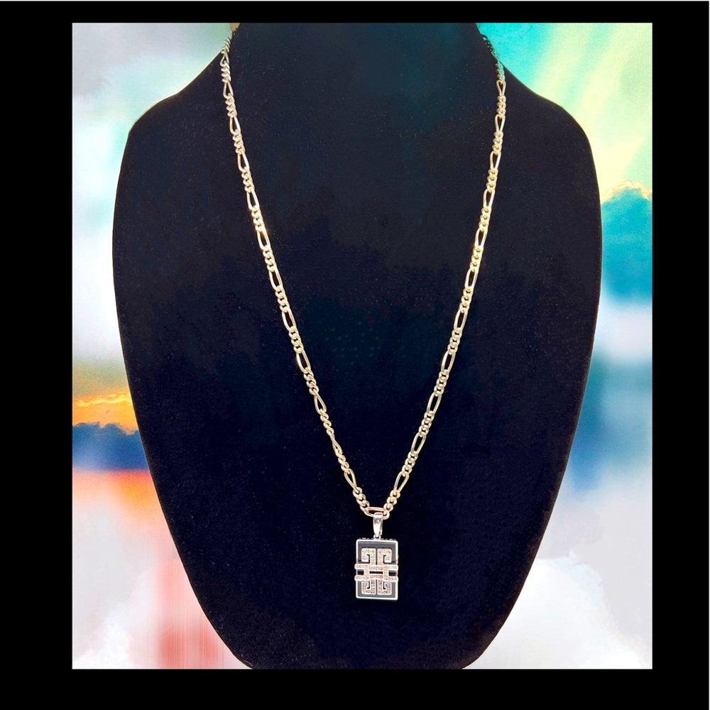 Vintage Affinity Onyx & Diamond Pendant w/a Sterling Silver Unisex Figaro Chain